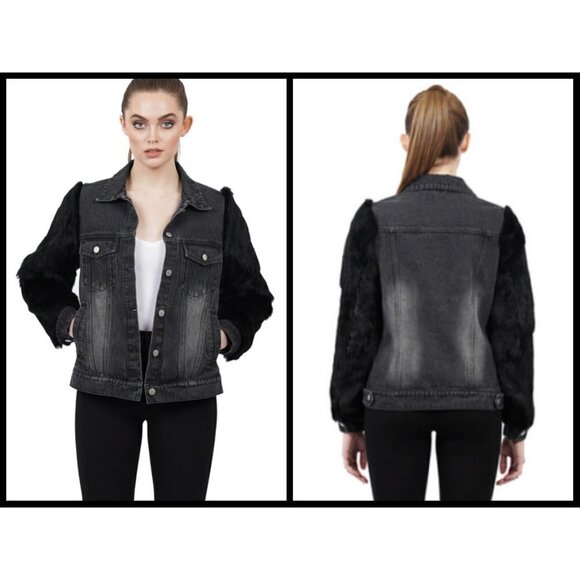 💕LOVE TOKEN💕 Murray Genuine Real Rabbit Fur Sleeve Denim Jacket Coat ~ Black M - Picture 1 of 16